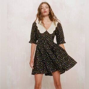 Christy Dawn Black Floral Mini Dress with Cream Peter Pan Collar